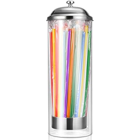 Kailund Glass Straw Dispenser with Stainless Steel Lid Cover