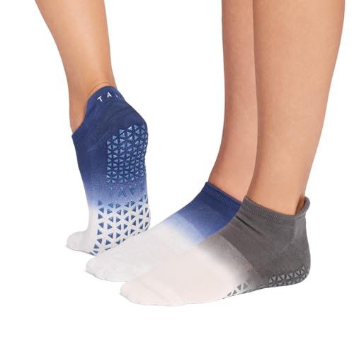 TAVI Savvy Pilates Socks 2-Pack - Grip Socks for Women made with Soft Cotton Blend Non-Slip Grips Heel Tab and Arch Band Support Wear for Yoga Barre Lagree - Soft Blue Ombre/Anchor Ombre Medium