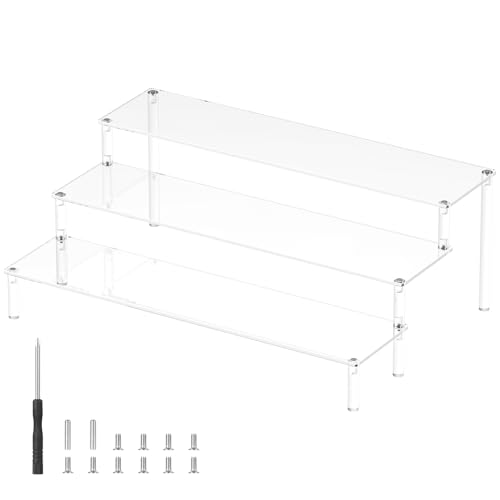 Realure 3 Niveles Acrílico Estanteria Perfumes, Soporte de Expositor de Acrílico 40 x 26 x 15cm con Destornillador y Tornillos, Exhibición Transparente para Figuras, Joyas, Cupcakes y Colecciones
