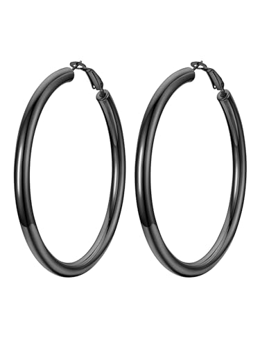 Image of Stainless Steel Chunky Hoop Earrings For Women, Minimalist and Chic, Black /Gold Plated, Round Hoops Earrings Hypoallergenic, Size: 30mm /40mm /60mm /80mm, Come with Box