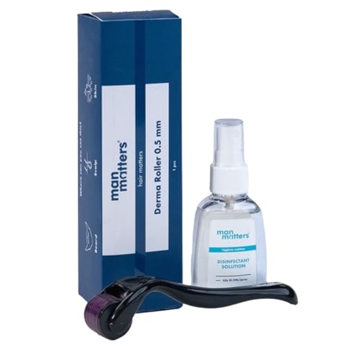 Man Matters Derma Roller With Disinfectant | 540 Micro 0.5mm Titanium Alloy Needles | Reduces Hair Fall & Stimulates Hair Follicles | Easy to use | Safe and Effective
