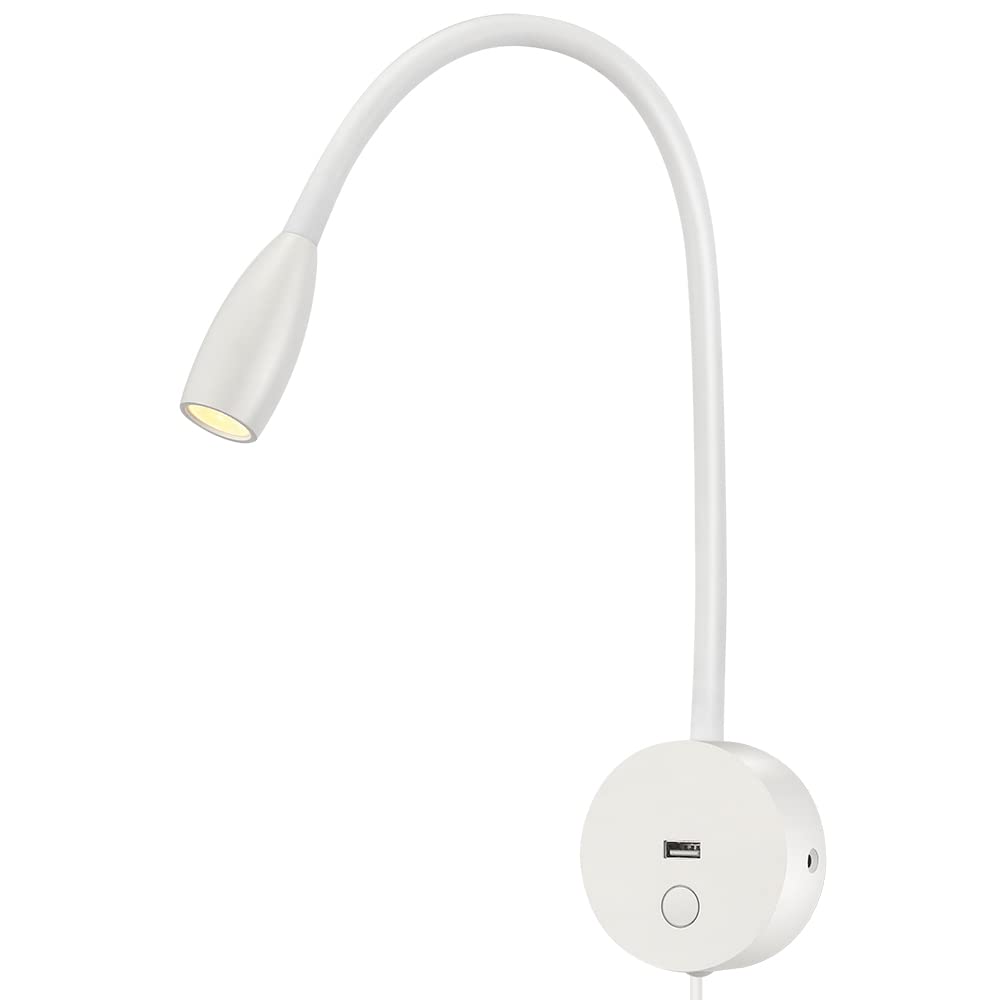 Licchily Lámpara de lectura, luz LED con salida USB flexible luminosidad ajustable, para la mesita de cama con función de memoria cuello flexible 360° montaje a pared 3W/100-240V/200LM/3000K (White)