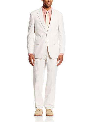 Palm Beach Men's Baxter Seersucker 2 Button Center Vent Suit, Tan/White, 40 Long