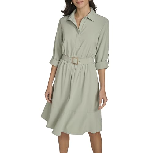 Image of Calvin Klein Women's Long Sleeve Collared Buckle Belted Knee Length Shirtdress
