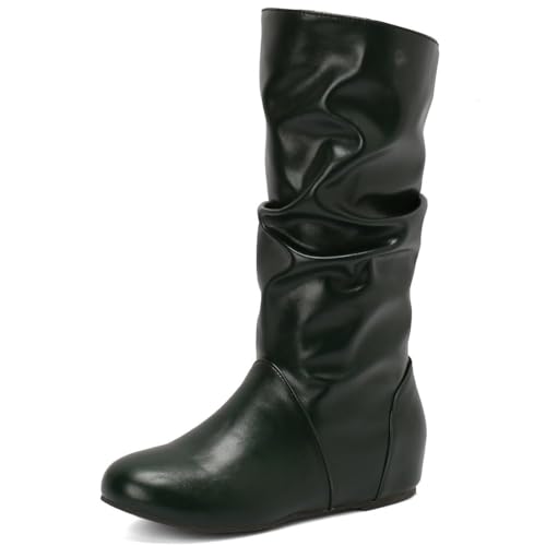 DINTAHA Flat Boots Women Mid Calf Slouch Boots Low Heel Slouchy Hidden Wedge Boots,Green,Size 11.5