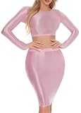Adigau Glänzendes Öliges Bodycon Outfit Set für Frauen Elastisches Durchsichtiges Langarm Top Hohe Taille Rock Set Nassoptik Leicht Nachtclub Kleidungsset Rosa M