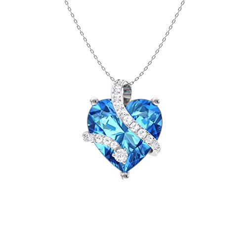 Diamondere Natural and Certified Heart Cut Blue Topaz and Diamond Wrap Heart Petite Necklace in 14k White Gold | 1.68 Carat Pendant with Chain