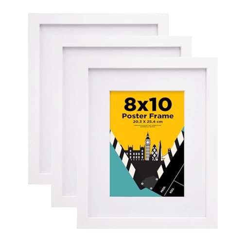 EGOFINE 10x8 Picture Frame,100% Solid Wood Frame with 7x5 Mat,10x8 Photo Frame with Acrylic Glass,20x25 cm Poster Frames for Tabletop and Wall Mounting,White,3 Pack