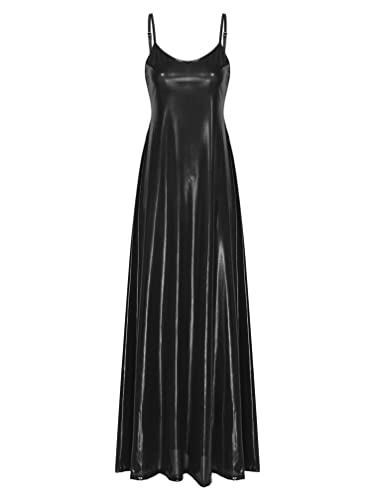 Agoky Damen Wetlook Kleid Spaghettiträger Lack Leder Partykleid Maxikleid...