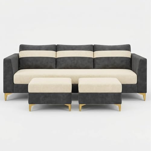 Image of FURNY Nova 5 Seater L Shape Sofa Set with 2 Movable Ottoman | Flexible Left or Right Layout | Plush Velvet Fabric (Dark Grey-Cream) | Perfect for Living Room, Guest Room & Office