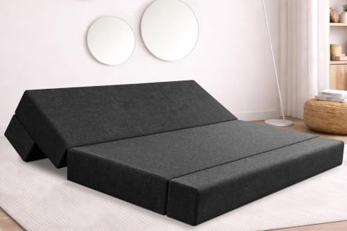 Image of Rosebell Four Seater Foldable Sofa Cum Bed (6x6 Feet) Jute Fabric, Washable Removable Cover, Includes 4 Cushion | Space Saving Sofa Bed for Home, Office & Guests - Black