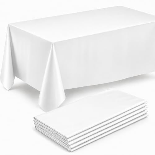 Image of Prestee 4 Pack Plastic Table Cloth Disposable - 108 inch x 54 inch White Table Cloth Rectangle Table Cover - Heavy-Duty Waterproof Disposable Tablecloths for Weddings, Parties, BBQs, and Outdoor Dining Events