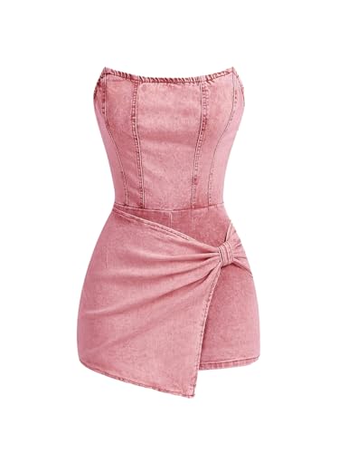 SOLY HUX Women's Y2k Tube Top Denim Romper Wrap Strapless Bodycon Short Jumpsuits Plain Pink Medium