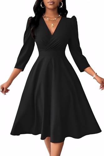Nmoder Women Casual Midi Semi Formal Fit and Flare 3/4 Sleeve A-line Dress for Church Work Wedding Guest Cocktail Dresses