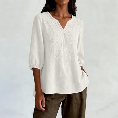 Embroidered Tops for Women 3/4 Sleeve Cotton Linen Shirt Boho V-Neck Blouse - image 7
