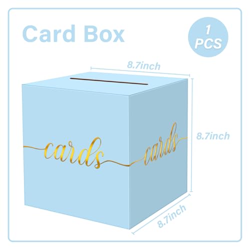 Image of 1 Pack Light Blue and Gold Foil Card Box for Party, 8.7 inch Light Blue Money Box for Birthday, Wedding, Baby Shower, Retirement, Anniversary, Bridal Shower, Raffle Ticket