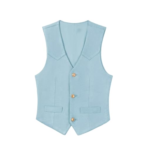 Image of Boys Vest Leather Western Cowboy Dress Vests with Pockets Vintage Suede V Neck Formal Wedding Waistcoat