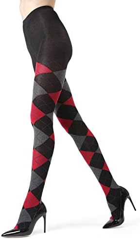 MeMoi Classic Large-Print Argyle Sweater Tights Black/Red Large/X-Large