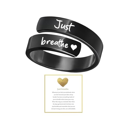 Just Breathe Ring for Men Women Silver Adjustable Heart Hope Rings Black Inspirational Spiral Wrap Healing Rings Stainless Steel Encouragement Ring Self Love Ring Jewelry