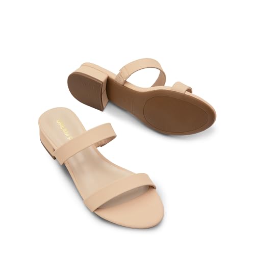 DREAM PAIRS DREAM PAIRS Women's Slides Heels Slip On Low Block Sandals Two Strap Open Round Toe Chunky Casual Summer Mules Shoes,Size 7,Nude-Nubuck,DWUMSS2511