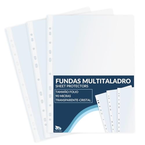 Raylu Paper® - Fundas multitaladro de polipropileno 100% reciclable, fundas para documentos de gran apertura, lomo reforzado. 100 unidades. (Transparente - Cristal, Folio - 90 micras)