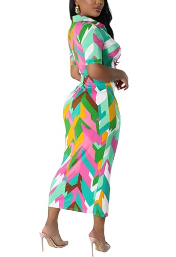 Image of ZERMOM Women's Button Down Shirt Dress Short Sleeve Print Collar V Neck Summer Bodycon Midi Dresses