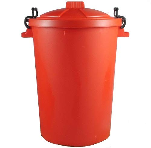 Srendi® Small/Medium/Large Plastic Coloured Bin/Waterfroof/Rodent Proof/Ideal for Outdoor/Animal Feed/Food/Storage/Flour Locking Lid (85L, RED)