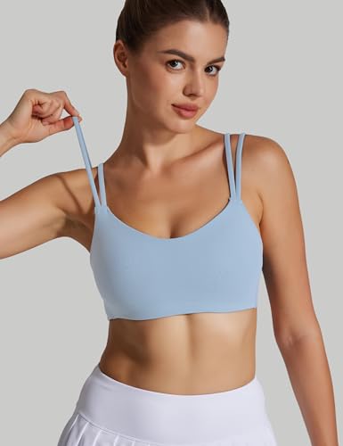 Image of Yoga Sports Workout Bras for Women Seamless Molded Cup Spaghetti Double Strap Bra Wirefree Scoop Neck Tank Top Bras