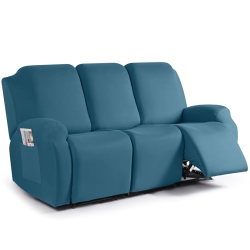 Image of TAOCOCO Recliner Sofa Slipcover, 3 Pieces Polyester Fabric Stretch Sofa Covers for 3 Seat Reclining Couch, Soft Washable Furniture Protector with Pockets (3 Seat, Turquoise Blue)