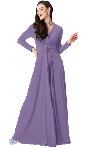 KOH KOH Womens Long Sleeve Flowy Formal Fall Winter Evening Elegant Designer Dressy V-Neck Empire Abaya Modest Muslim Church Maxi Gown Gowns Dress Dresses, Lilac Light Purple M 8-10