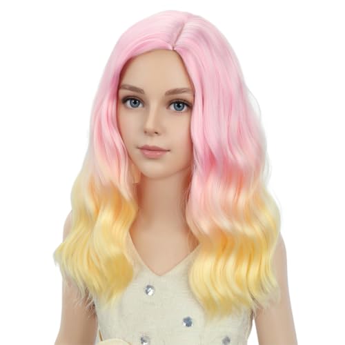 Image of PATTNIUM Girls Pink Ombre Yellow Short Curly Wavy Wigs Kids Side Part Shoulder Length Heat Resistant Synthetic Wig Halloween Cosplay Costume Party Wigs