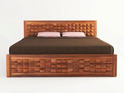 Image of Solid Sheesham Wood King Size Bed with Storage|Wooden Box Bed King Size Double Cot Bed with Storage Box for Home,Bedroom,Hotel,Living Room|3D Diamond Carved Design Headboard|Honey Finish