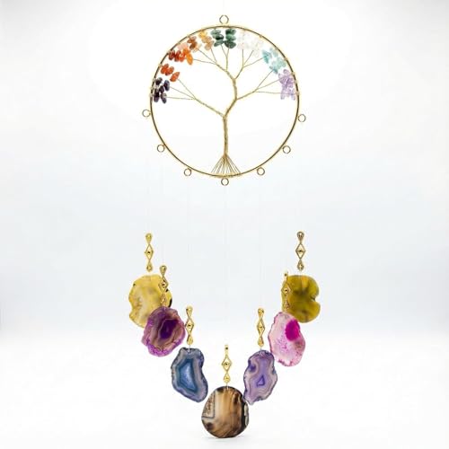 7 Chakra Crystal Stone Wind Chime – Tree of Life Decor with Natural Agate Slices, Healing Stones for Meditation & Protection, Feng Shui Hanging Ornament for Balcony, Bedroom, Office, & Gifts