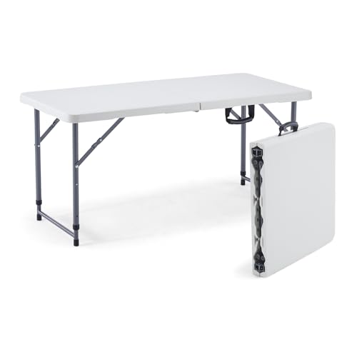 Plastic Folding Table-4ft Portable Table Foldable Legs and Adjustable Height Utility Table for Indoor Outdoor Camping Banquet Party-White