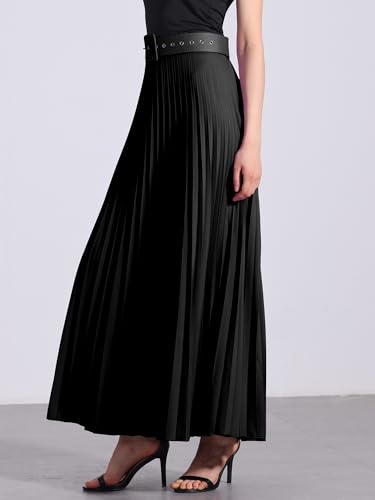 Allegra K Long Pleated Skirt for Women's Elastic High Waist with Belt Swing A-line Work Maxi Skirt4