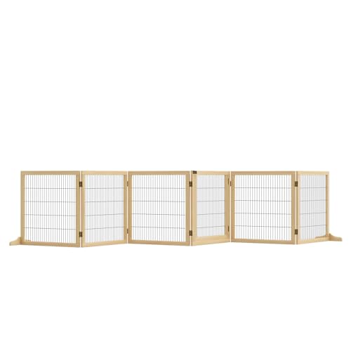 PawHut Barrera de Seguridad para Perros de Madera Plegable, para Escaleras y Puertas, Valla para Perros Pequeños y Medianos de 6 Paneles, con Soporte de Pie, para Interiores, 432x36x70 cm, Natural