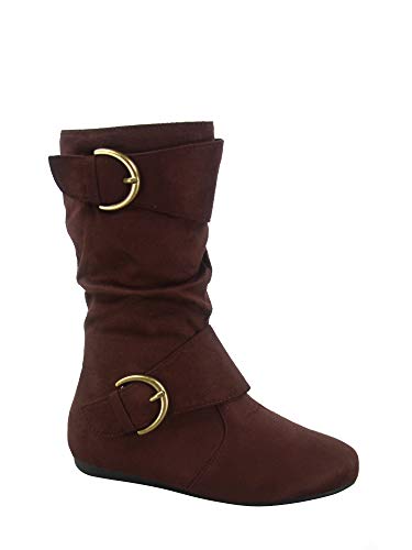 Link Klein-70k Girl's Kid's Faux Suede Two Buckle Zipper Flat Heel Mid Calf Slouchy Boot Shoes (11 B(M) US, Brown) - Main Image