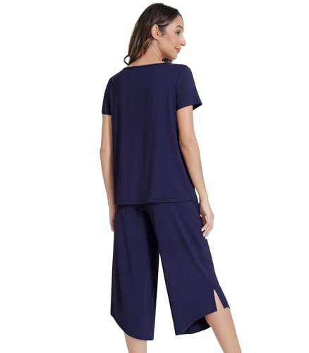 Image of NACHILA Pajamas Set for Women-Viscose Made from Bamboo,Short Sleeve Sleepwear Soft Pjs with Capri Pants Cool Loungewear Sets Navy Blue M