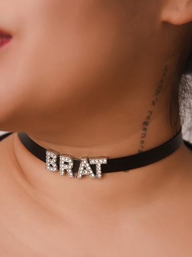Sacina Gothic Punk Cute Brat Letter Choker, Black Choker, Black PU Leather Chocker Collar, Gothic Goth Necklace, Halloween Jewelry Gift for Women2