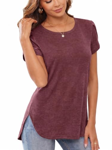 Image of Herou Women's Casual Long /Short Sleeve T Shirt Crewneck with Side Split Fall Pullover Loose Tunic Sweater Tops