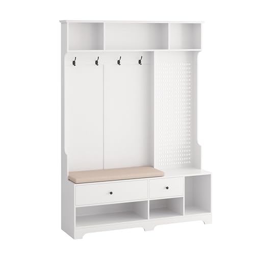 Hall Tree with Removable Cushion 57'' Tall Multi-Purpose Hallway Organizer Entryway Storage Bench with Hooks Shelves and DIY Pegboard All-in-One Design Coat Rack for Foyer Living Room Apartment White
