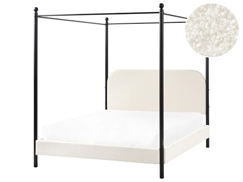 Beliani Lit à Baldaquin Minimaliste en Bouclé 140 x 200 cm Cadre Métallique Noir Lattes Bois de Peuplier Blanc Cassé Dannemois