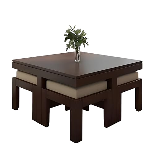 Image of Loonart Solid Sheesham Wood Coffee Table with Four Cushioned Stools | Idel for Living Room | Cafe| Restaurant | Space Saving Indoor Table Set | Finish Color - Walnut Finish | Beige Cushion |