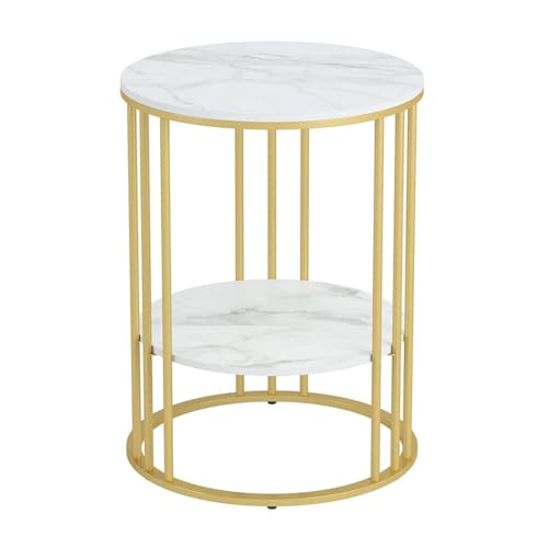 Image of Round End Table with Metal Gold Frame & Marble Finish Shelves - 2 Tier Side Table, Modern Coffee Table, Bedside Nightstand for Living Room, Bedroom, Balcony (White-Gold, 40cm)