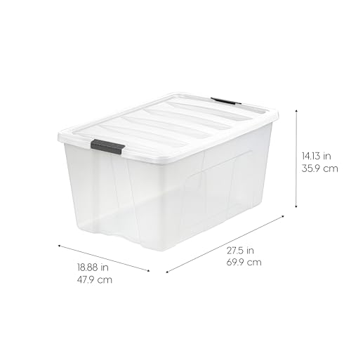 Image of IRIS USA 94 Qt Stackable Plastic Storage Bins with Lids, 4 Pack - BPA-Free, Made in USA - See-Through Organizing Solution, Latches, Durable Nestable Containers, Secure Pull Handle - Clear /White
