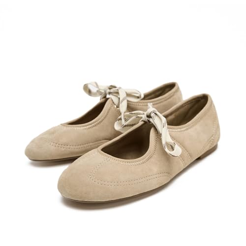 CAGLGLZ Lace Up Ballet Flats for Women Cute Tied Bow Round Toe Mary Jane Flats Comfortable Slip On Ballerina Shoes(Beige,6)