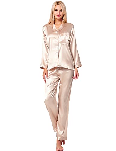 Image of SWOMOG Long Sleeve Pajamas Set Silk Satin Sleepwear Button Down Pjs Loungewear with Pocket