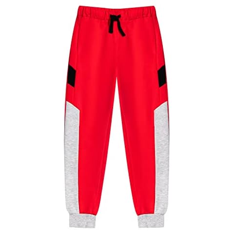 ALXHUTE Kids Fleece Joggers Boys Girls Tracksuit Bottom Color Block Sports Jogging Pants School PE Trousers Red UK:11-12 Years (manufacturers's Size: XL) Cover