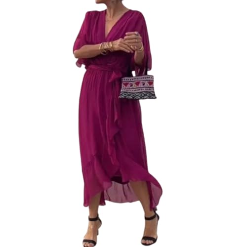 Vestido Largo de Gasa con Falda Larga y Cordones en Color Liso para Mujer, con Mangas murciélago y Cuello en V, Cintura Alta y Capas. (Rose,L)