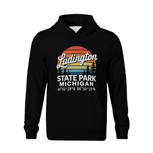 Kids Retro Ludington State Park with GPS Location Design Boys Girls Lightweight Kangaroo Pocket Fleece Hoodies2